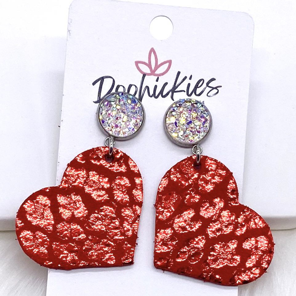 2" Crystal & Metallic Valentine's Leopard Heart Dangles (2 Colors) -Earrings-Inspired by Justeen-Women's Clothing Boutique