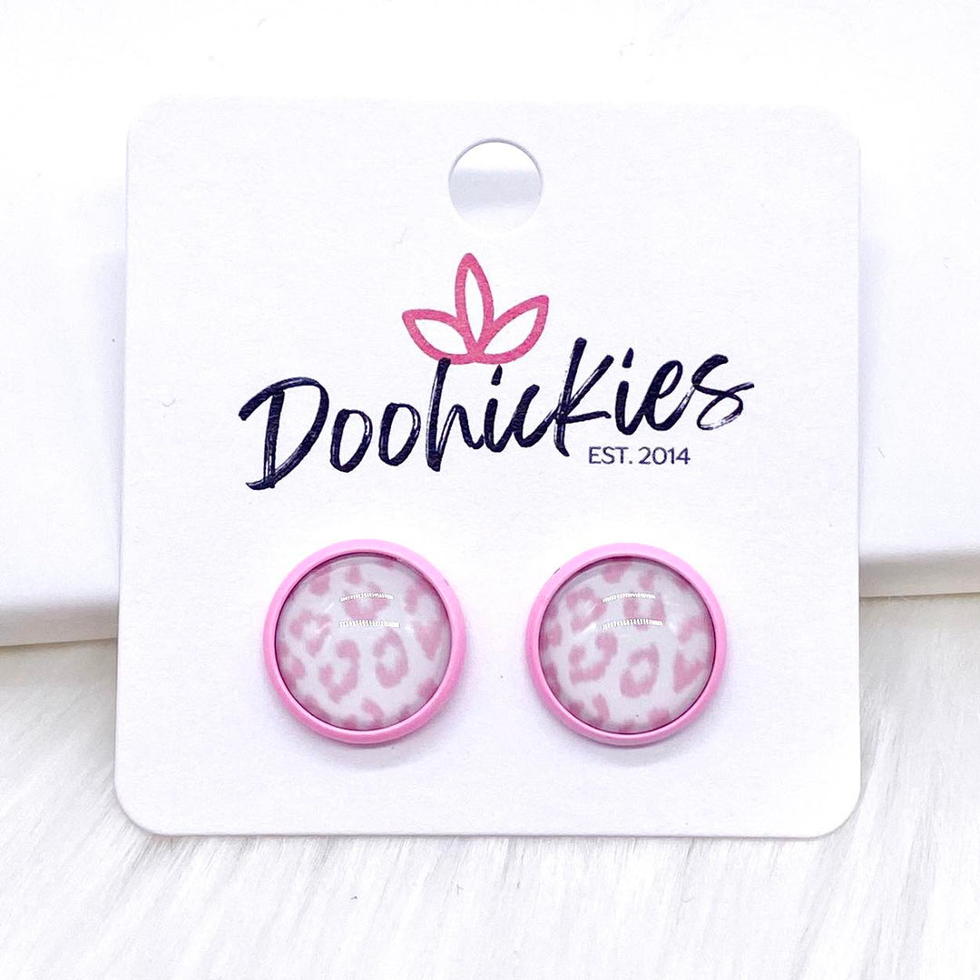 12mm Pastel Pink Leopard in Bright Pink Settings -Earrings-Earrings-Inspired by Justeen-Women's Clothing Boutique