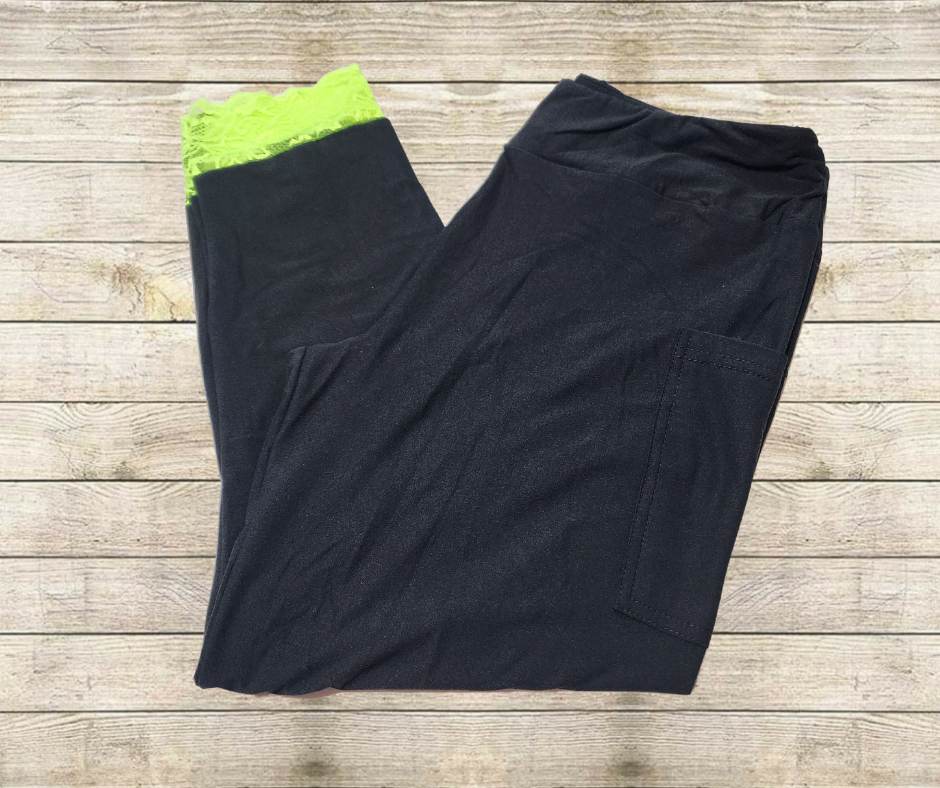 Neon Green Lace Bottom Black Capri Leggings w/ Pockets-Leggings-Inspired by Justeen-Women's Clothing Boutique in Chicago, Illinois