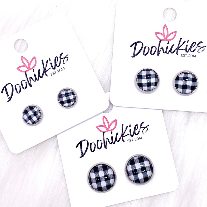 White Buffalo Plaid in Stainless Steel Settings -Earrings-Earrings-Inspired by Justeen-Women's Clothing Boutique