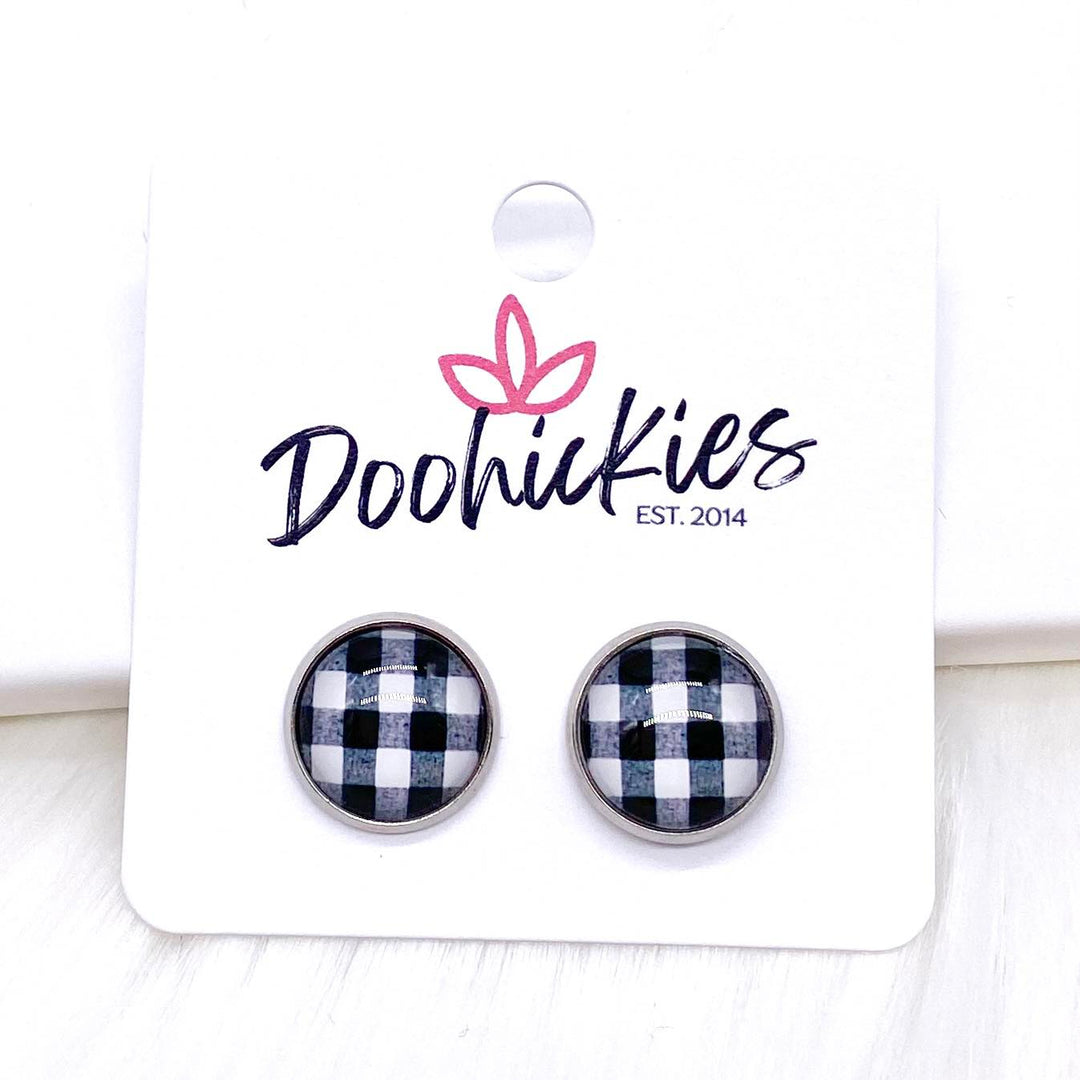 White Buffalo Plaid in Stainless Steel Settings -Earrings-Earrings-Inspired by Justeen-Women's Clothing Boutique