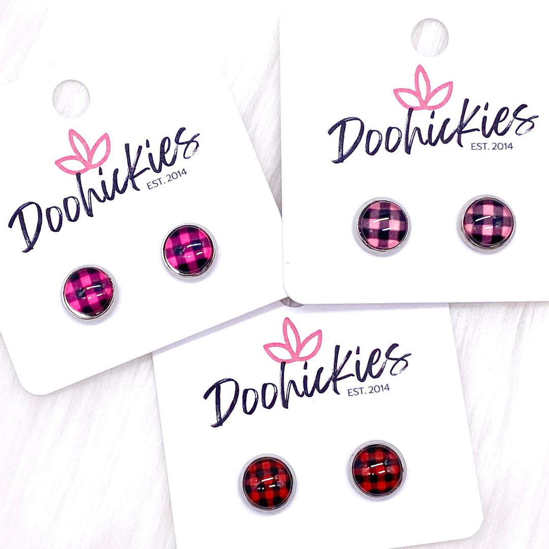 8mm Buffalo Plaid in Stainless Steel Settings -Earrings-Earrings-Inspired by Justeen-Women's Clothing Boutique