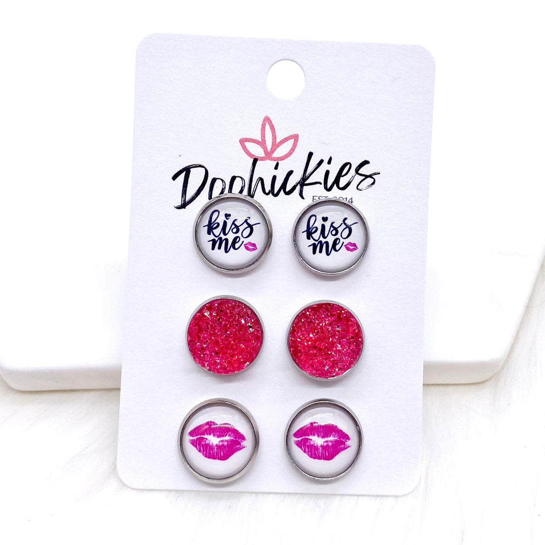 12mm Kiss Me/Hot Pink Sparkles/Hot Pink Lips in Stainless Steel Settings -Earrings-Earrings-Inspired by Justeen-Women's Clothing Boutique