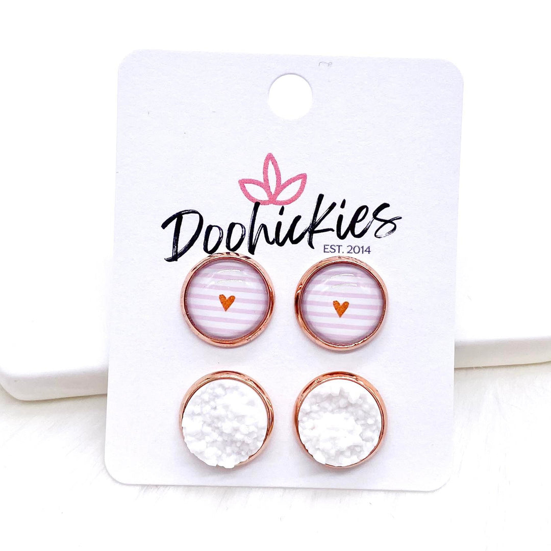 12mm Rose Gold Valentine Hearts on Pink Stripes & White in Rose Gold Settings -Earrings-Earrings-Inspired by Justeen-Women's Clothing Boutique