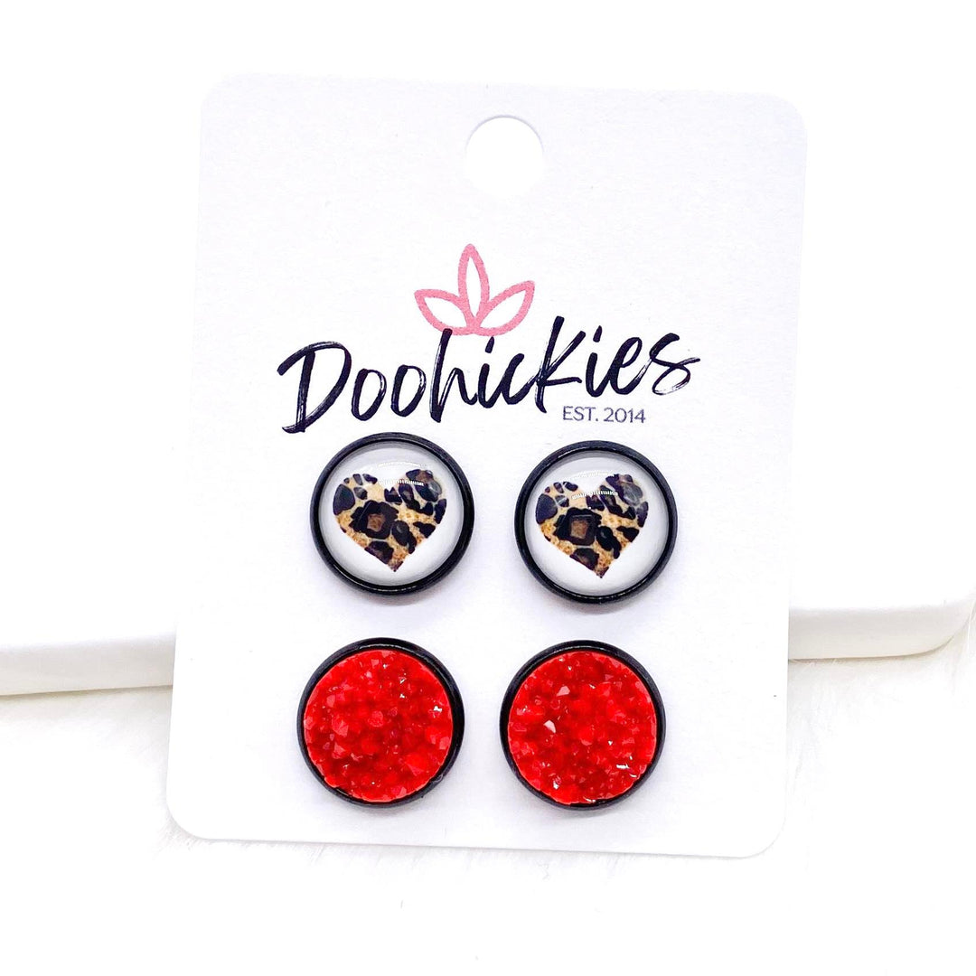 12mm Leopard Heart & Red Crystals in Black Settings -Earrings-Earrings-Inspired by Justeen-Women's Clothing Boutique