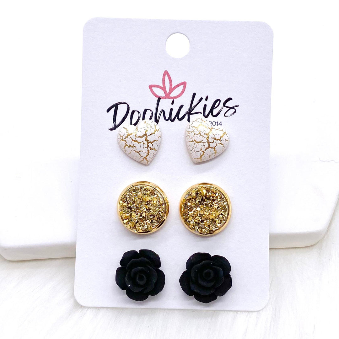 12mm Ivory Gold Crackle Hearts/Gold/Black Roses in Gold Settings -Earrings-Earrings-Inspired by Justeen-Women's Clothing Boutique