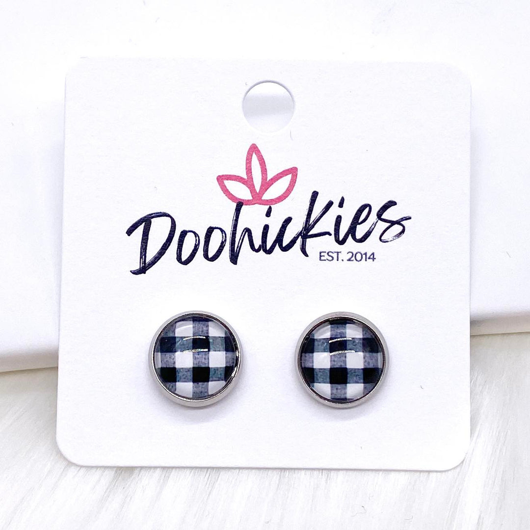 White Buffalo Plaid in Stainless Steel Settings -Earrings-Earrings-Inspired by Justeen-Women's Clothing Boutique