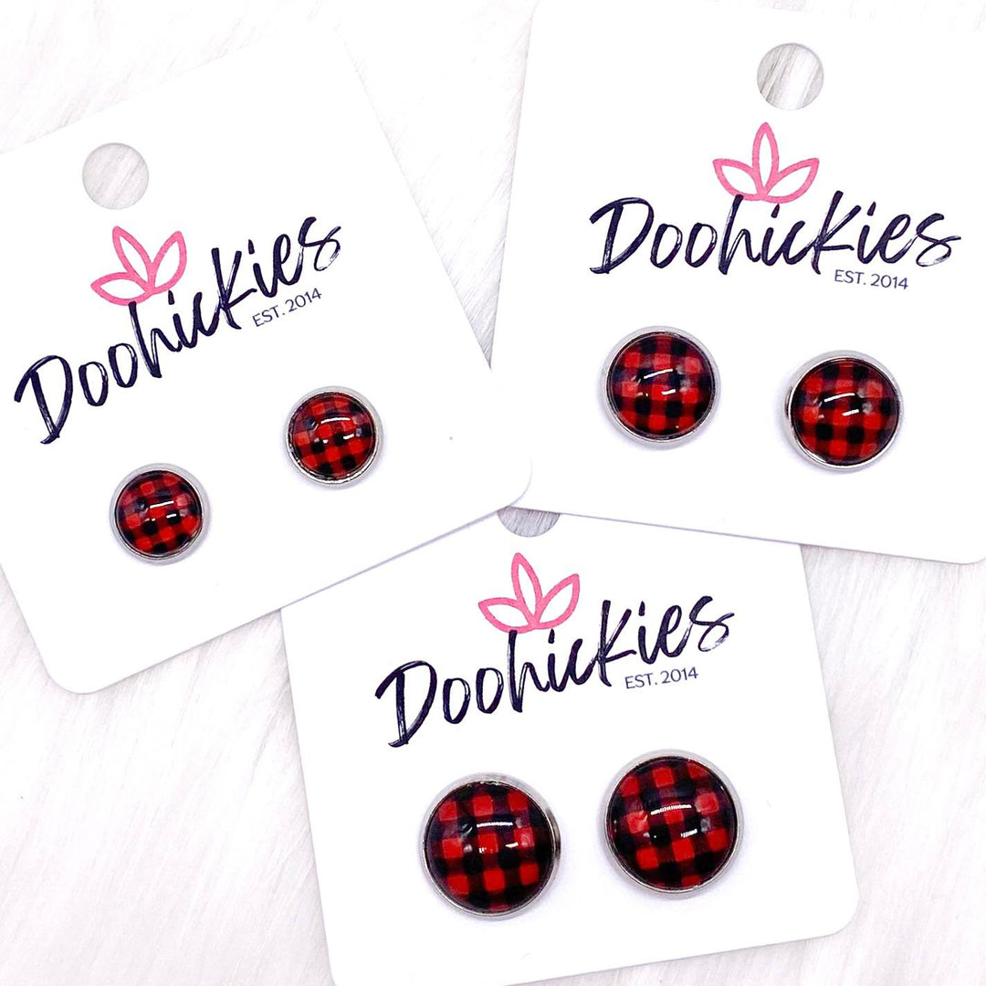 Red Buffalo Small Plaid in Stainless Steel Settings -Earrings-Earrings-Inspired by Justeen-Women's Clothing Boutique