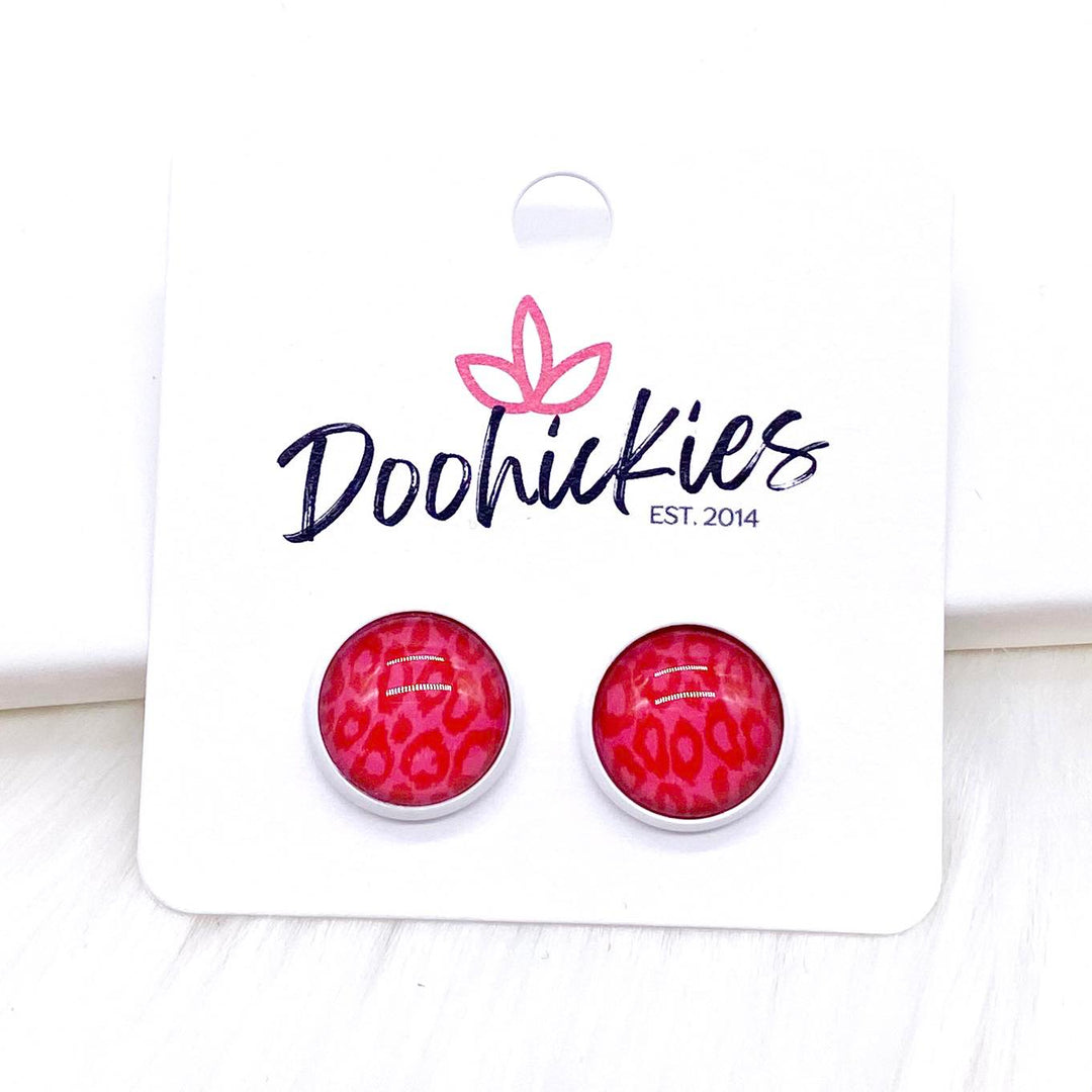 12mm Red Leopard in White Settings -Earrings-Earrings-Inspired by Justeen-Women's Clothing Boutique