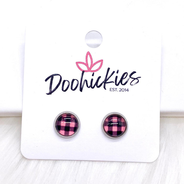 8mm Buffalo Plaid in Stainless Steel Settings -Earrings-Earrings-Inspired by Justeen-Women's Clothing Boutique