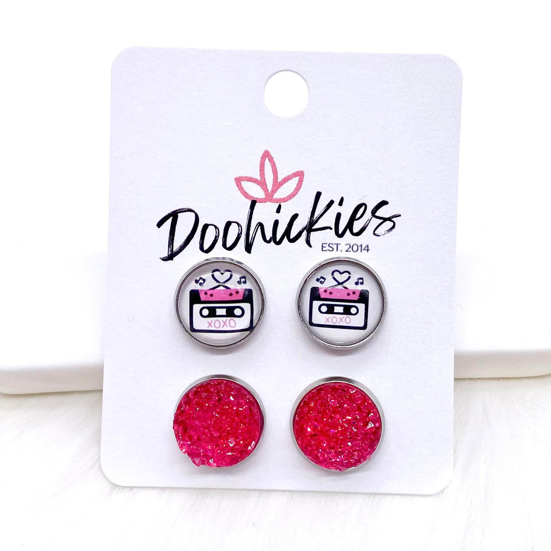 12mm Love Songs & Hot Pink Sparkles in Stainless Steel Settings -Earrings-Earrings-Inspired by Justeen-Women's Clothing Boutique