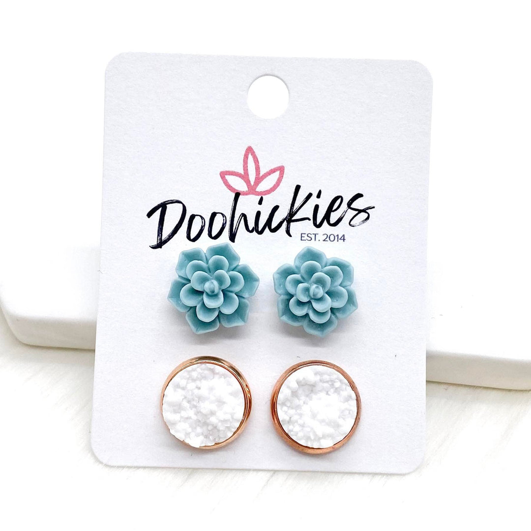 12mm Sage Succulents & White in Rose Gold Settings -Earrings-Earrings-Inspired by Justeen-Women's Clothing Boutique