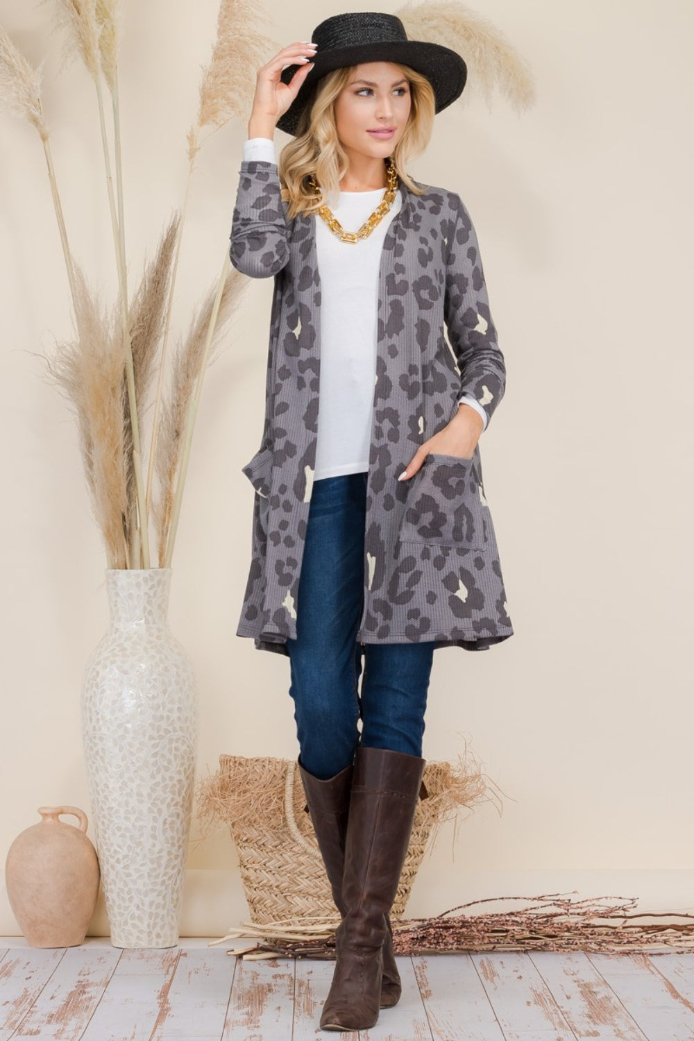 Celeste Full Size Leopard Open Front Contrast Cardigan-Cardigans + Kimonos-Inspired by Justeen-Women's Clothing Boutique