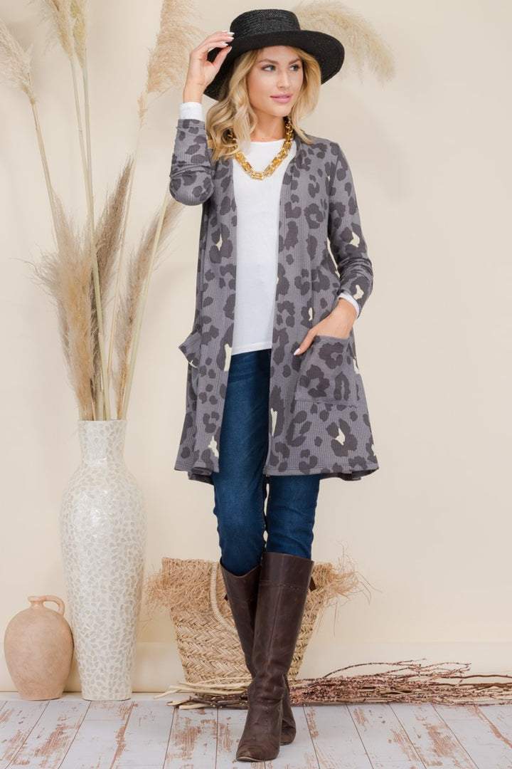 Celeste Full Size Leopard Open Front Contrast Cardigan-Cardigans + Kimonos-Inspired by Justeen-Women's Clothing Boutique