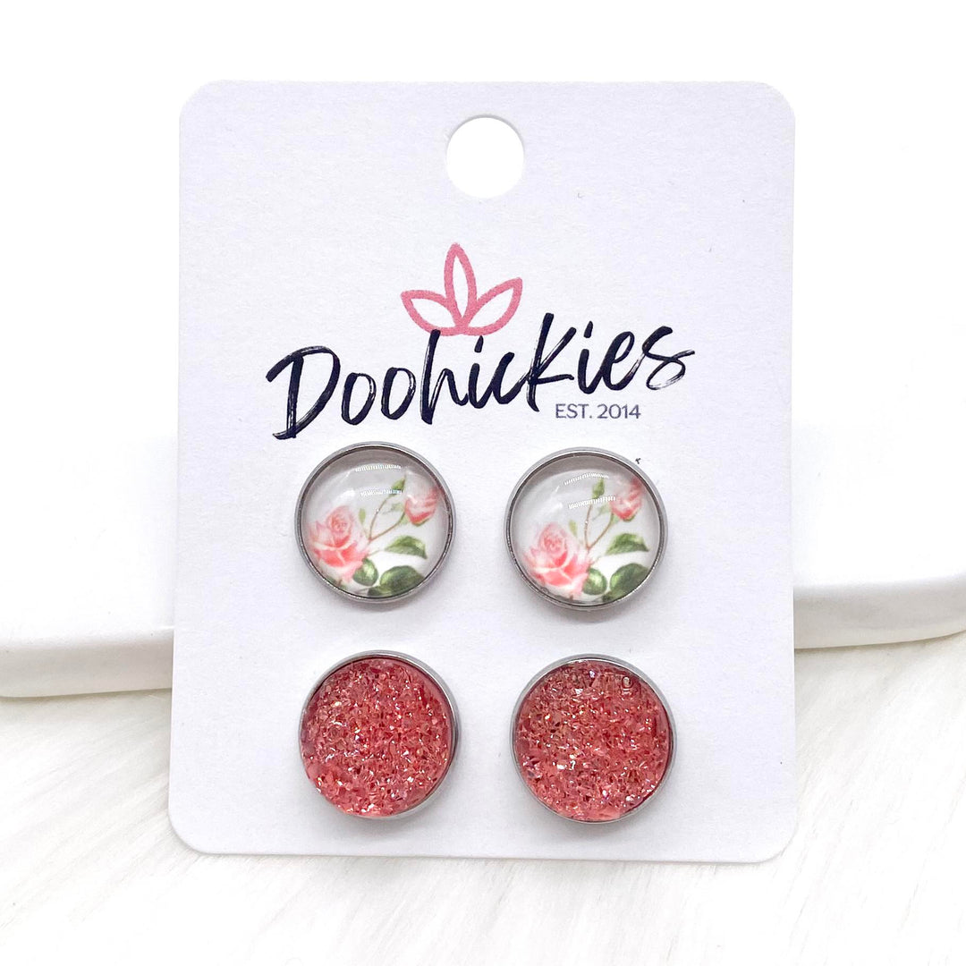 12mm Pink Roses & Flamingo Sparkles in Stainless Steel Settings -Earrings-Earrings-Inspired by Justeen-Women's Clothing Boutique