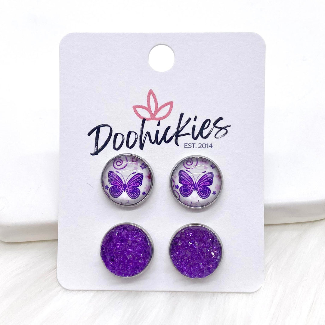 12mm Purple Butterfly & Purple Sparkles in Stainless Steel Settings -Earrings-Earrings-Inspired by Justeen-Women's Clothing Boutique