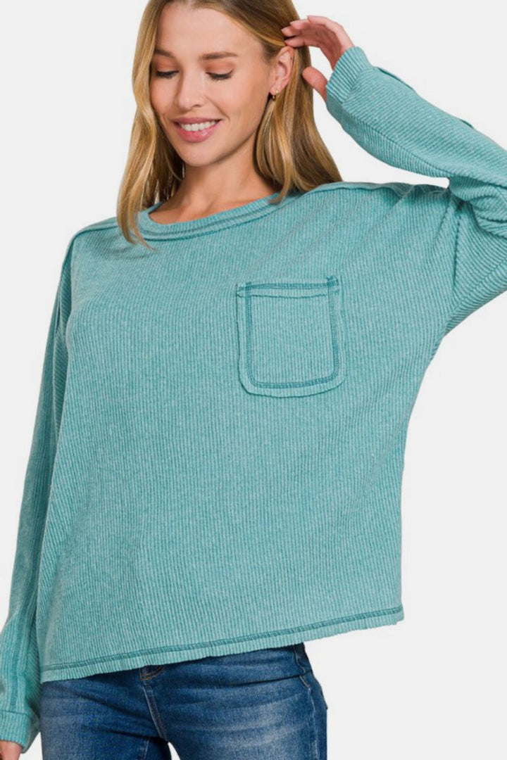 Zenana Full Size Contrast Stitching Brushed Ribbed Hacci Knit Top Plu Size-110 Long Sleeve Tops-Inspired by Justeen-Women's Clothing Boutique