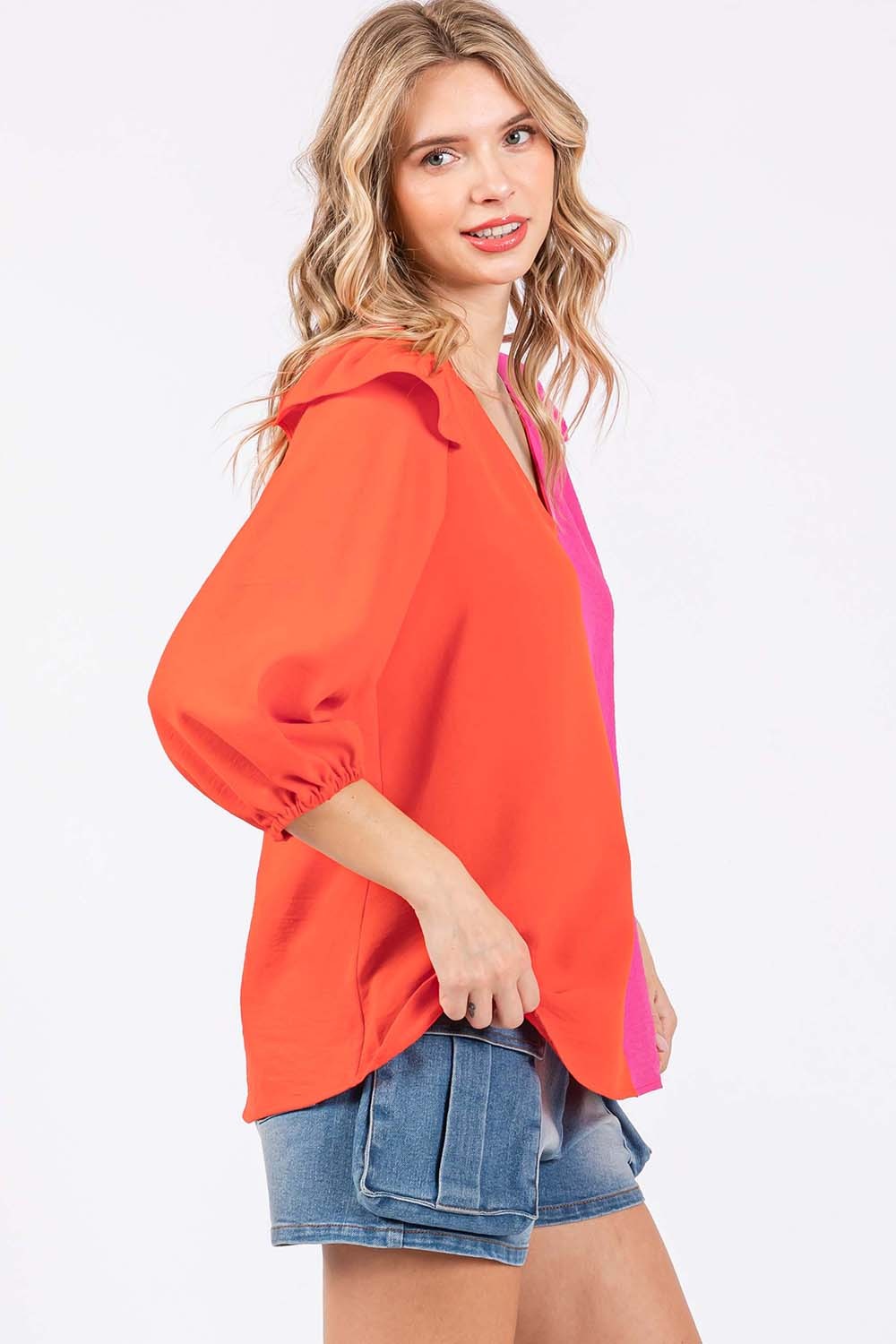 GeeGee Full Size Ruffle Trim Contrast Blouse-Long Sleeve Tops-Inspired by Justeen-Women's Clothing Boutique in Chicago, Illinois
