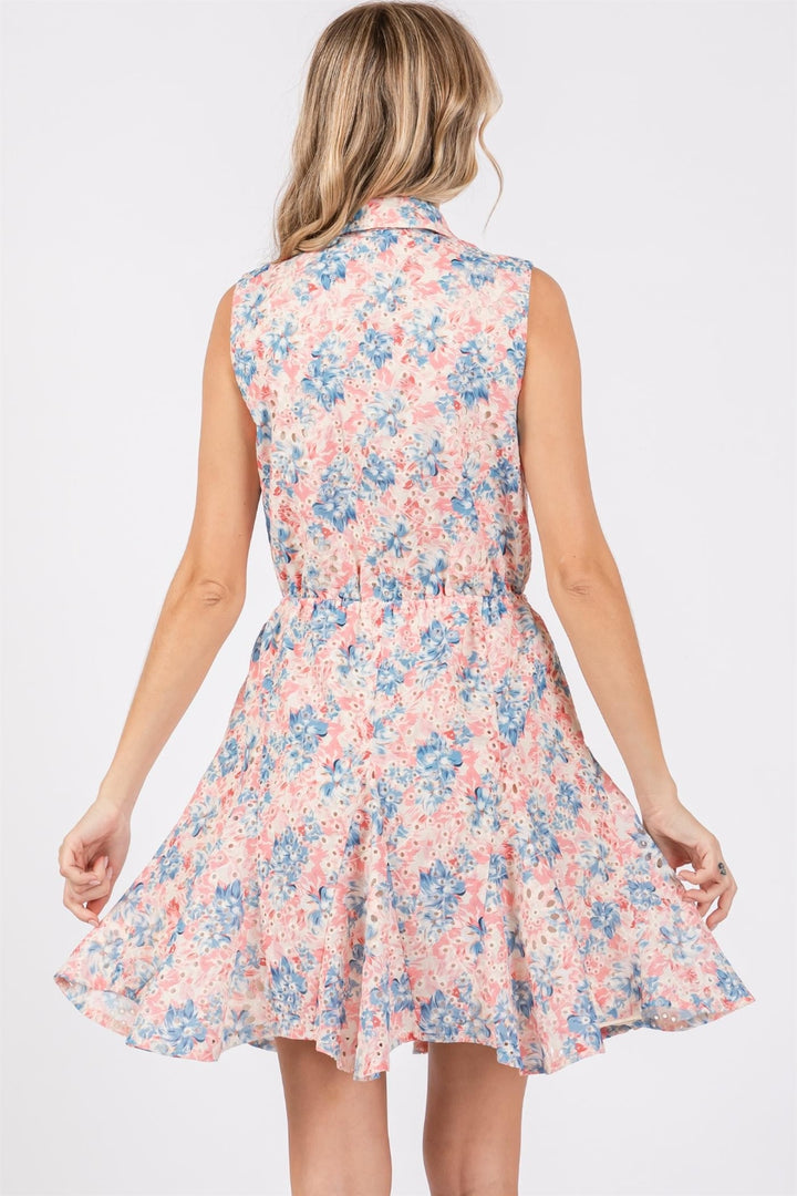 GeeGee Full Size Floral Eyelet Sleeveless Mini Dress-Dresses-Inspired by Justeen-Women's Clothing Boutique