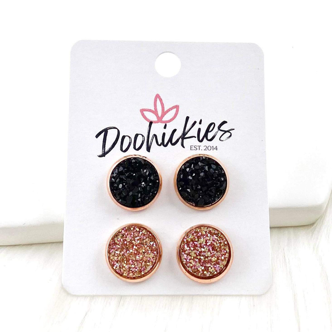 12mm Black & Rose Glitter in Rose Gold Settings-Earrings-Inspired by Justeen-Women's Clothing Boutique