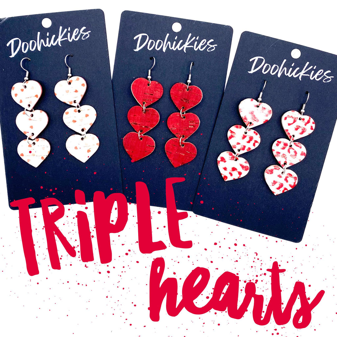 Triple Corkie Heart Drops -Valentine's Earrings-Earrings-Inspired by Justeen-Women's Clothing Boutique