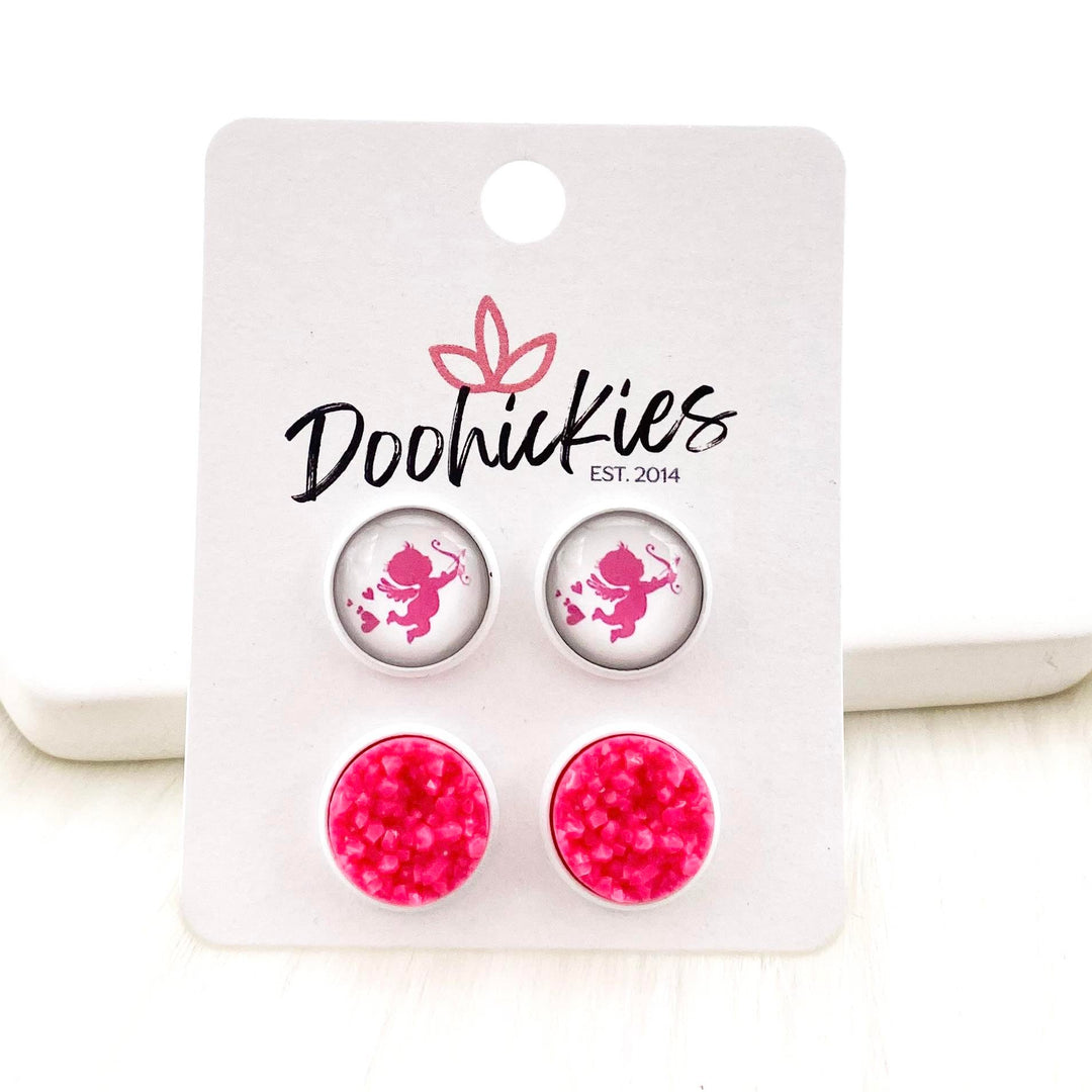 12mm Pink Valentine Cupid & Hot Pink Crystals in White Settings-Earrings-Inspired by Justeen-Women's Clothing Boutique