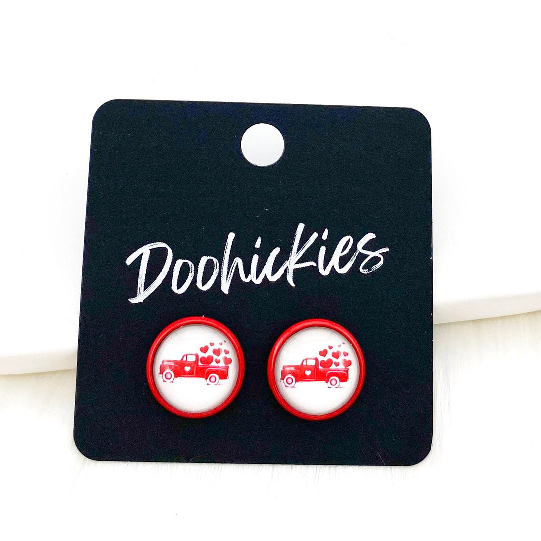 12mm Vintage Love Truck in Red Settings-Earrings-Inspired by Justeen-Women's Clothing Boutique