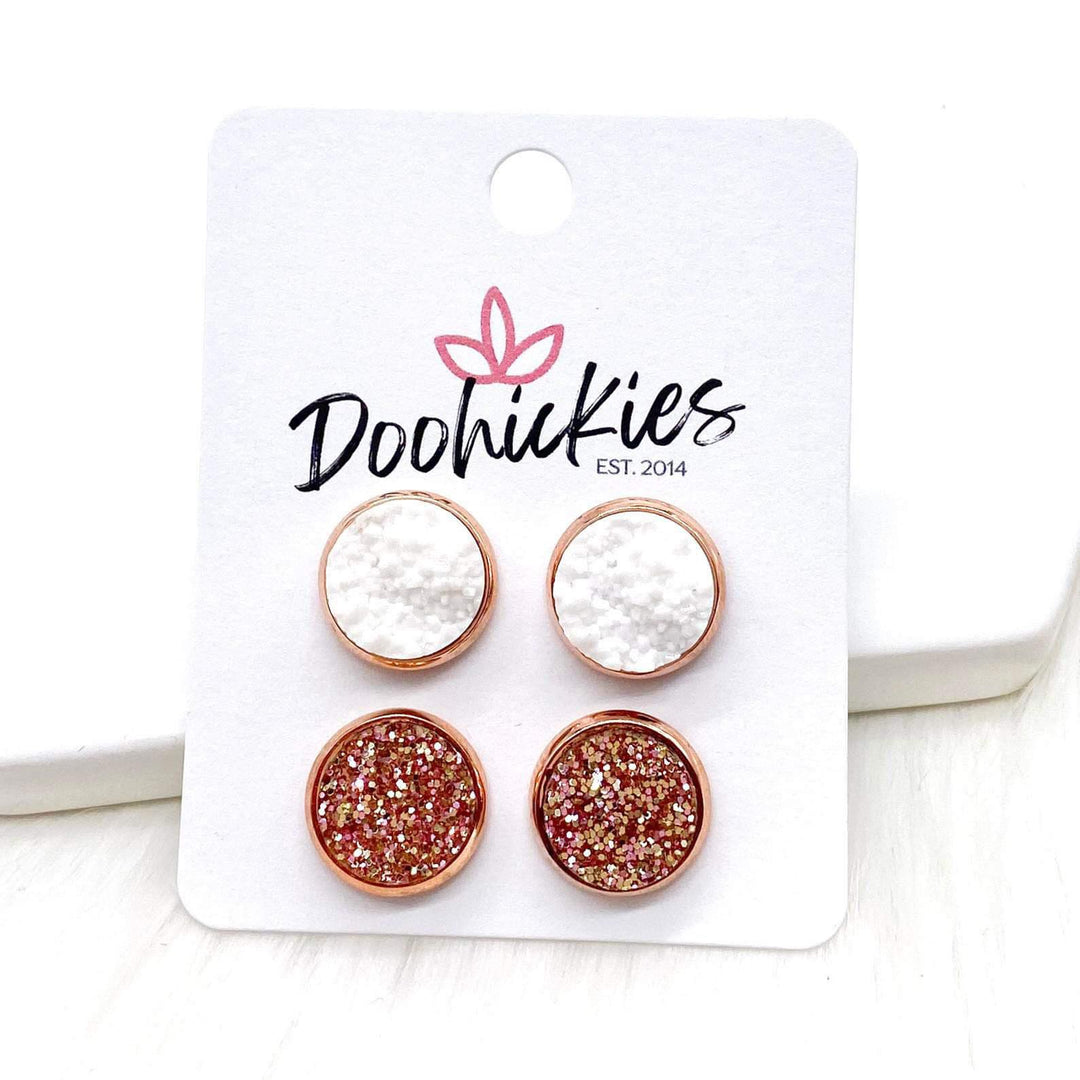 12mm White & Rose Glitter in Rose Gold-Earrings-Inspired by Justeen-Women's Clothing Boutique