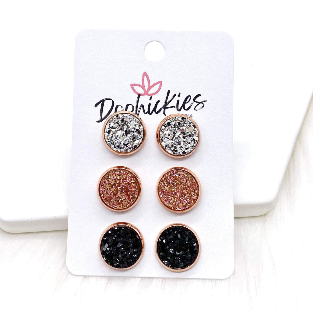 12mm Silver/Rose Glitter/Black in Rose Gold-Earrings-Inspired by Justeen-Women's Clothing Boutique