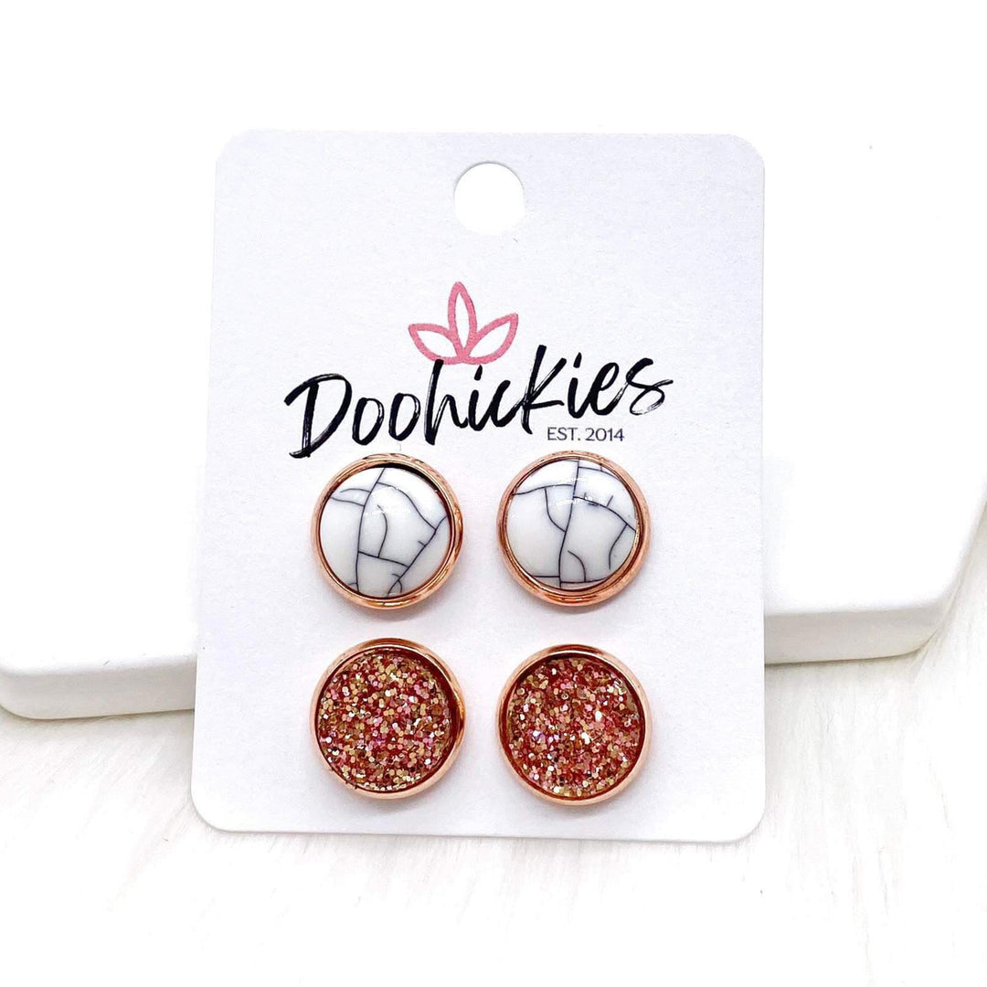 12mm White Marble & Rose Glitter in Rose Gold-Earrings-Inspired by Justeen-Women's Clothing Boutique