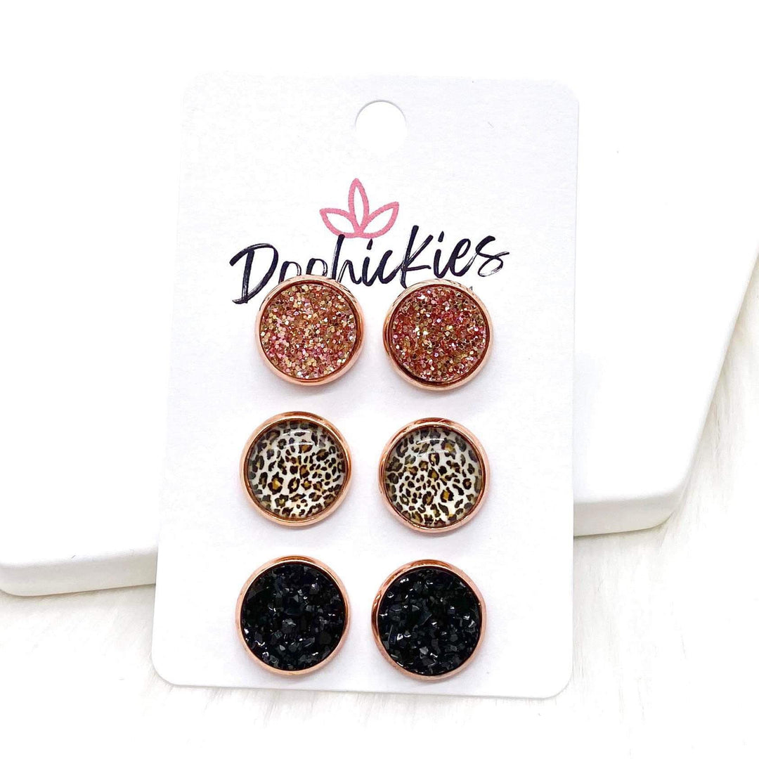 12mm Rose Gold Glitter/Tan Leopard/Black in Rose Gold-Earrings-Inspired by Justeen-Women's Clothing Boutique