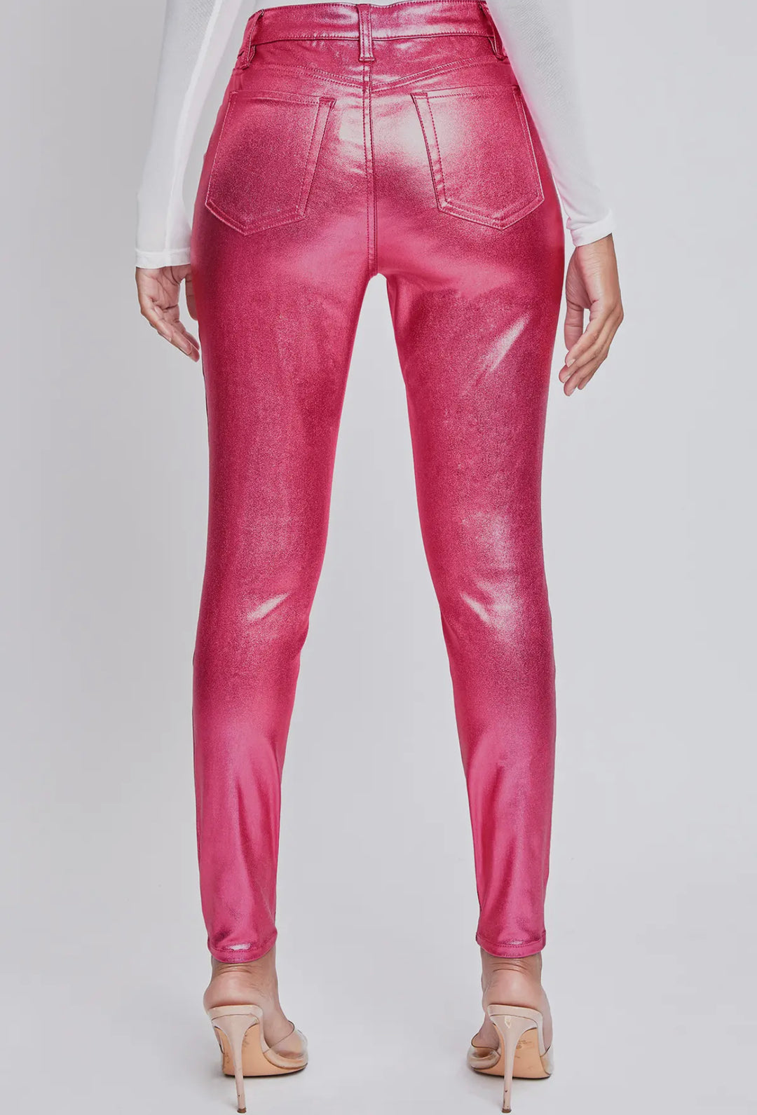 Jazzy YMI High Rise Metallic Skinny Jeans, Hot Pink-Pants-Inspired by Justeen-Women's Clothing Boutique in Chicago, Illinois