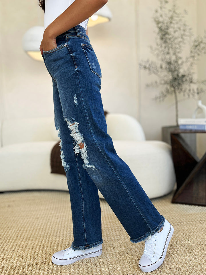 Judy Blue Full Size Mid Rise Distressed Raw Hem Jeans-Denim-Inspired by Justeen-Women's Clothing Boutique