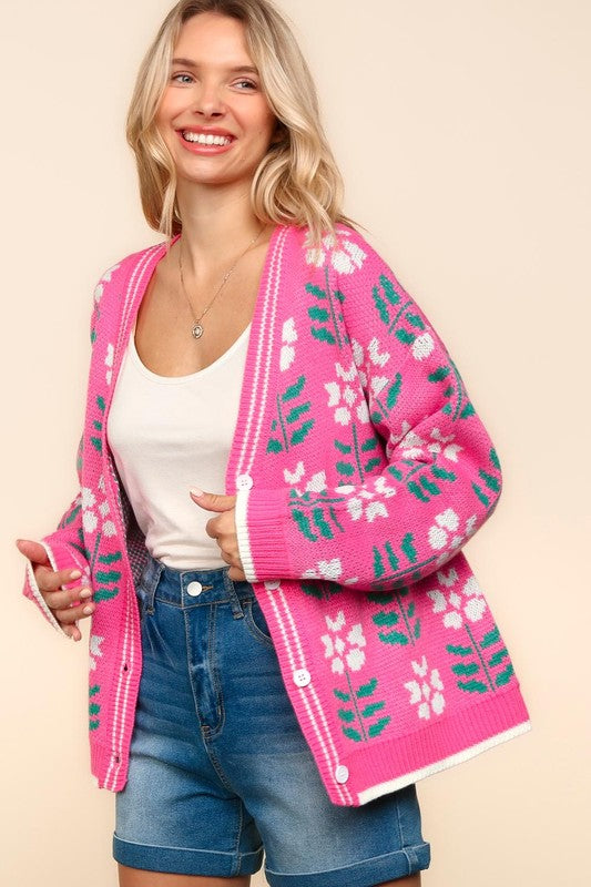 Haptics Full Size Floral Jacquard V-Neck Button Up Cardigan-Cardigans + Kimonos-Inspired by Justeen-Women's Clothing Boutique