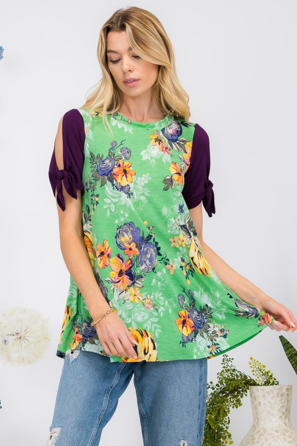 Celeste Full Size Open Tie Sleeve Round Neck Floral Blouse-100 Short Sleeve Tops-Inspired by Justeen-Women's Clothing Boutique in Chicago, Illinois