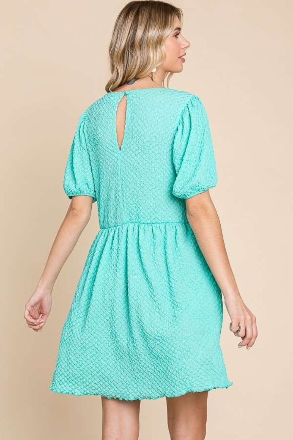 Culture Code Full Size Textured Round Neck Puff Sleeve Dress-Dresses-Inspired by Justeen-Women's Clothing Boutique