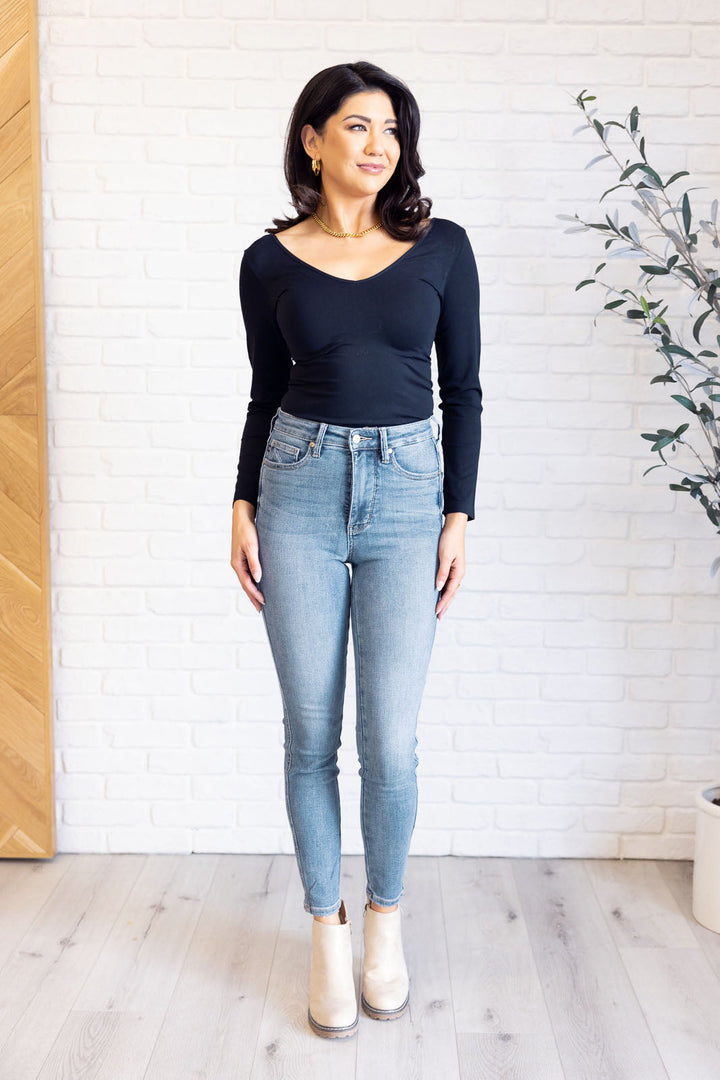 Justine High Rise Control Top Contrast Wash Skinny Jeans-Denim-Inspired by Justeen-Women's Clothing Boutique