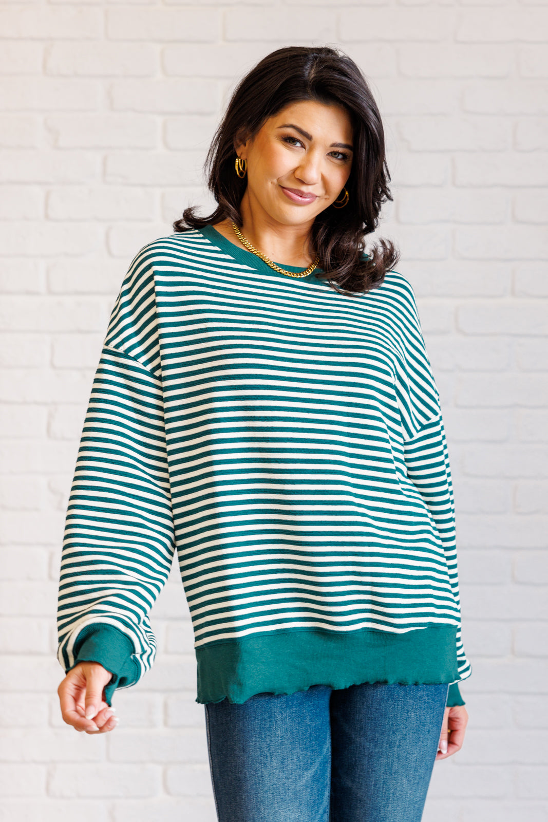 Too Good to be True Striped Drop Shoulder Top in Green-110 Long Sleeve Tops-Inspired by Justeen-Women's Clothing Boutique