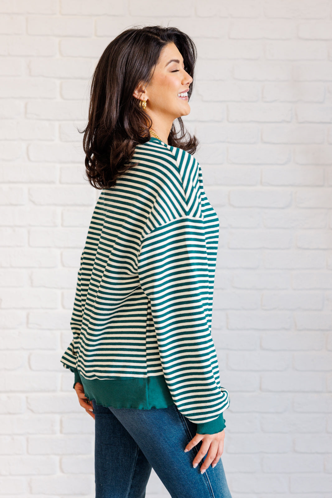 Too Good to be True Striped Drop Shoulder Top in Green-110 Long Sleeve Tops-Inspired by Justeen-Women's Clothing Boutique