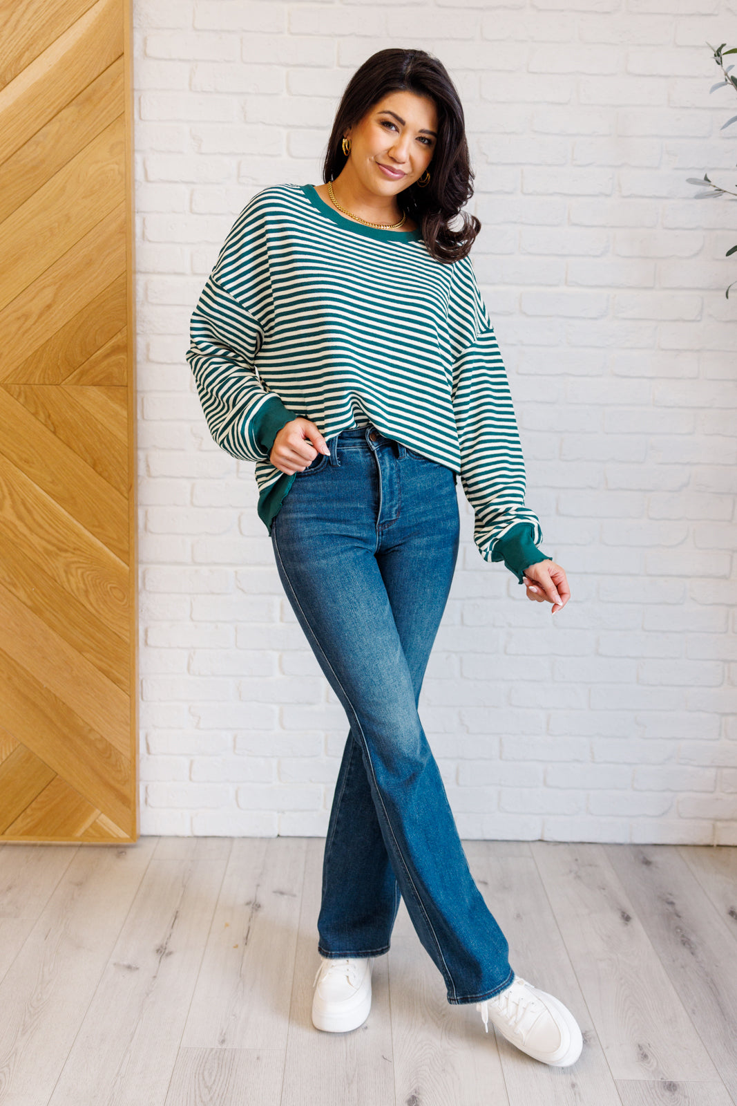 Too Good to be True Striped Drop Shoulder Top in Green-110 Long Sleeve Tops-Inspired by Justeen-Women's Clothing Boutique