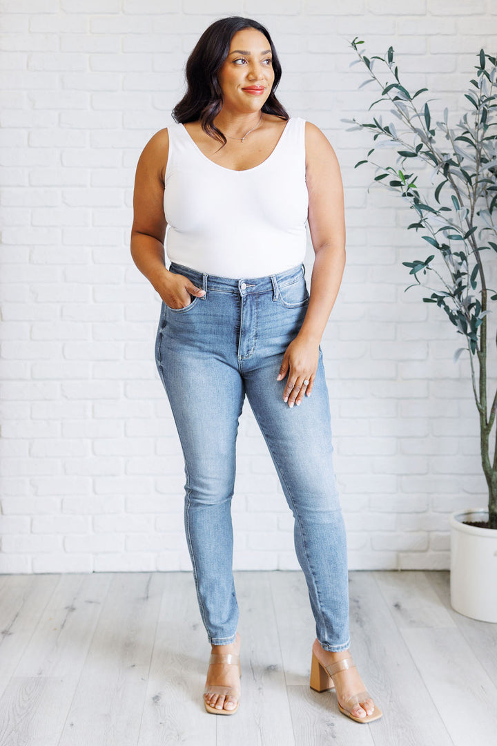 Justine High Rise Control Top Contrast Wash Skinny Jeans-Denim-Inspired by Justeen-Women's Clothing Boutique