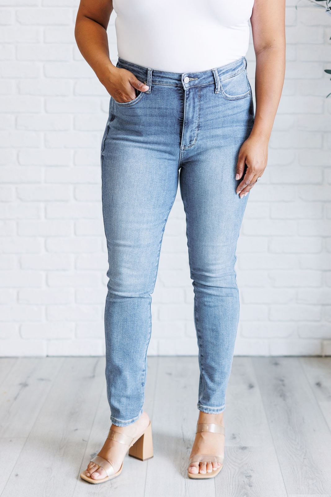 Justine High Rise Control Top Contrast Wash Skinny Jeans-Denim-Inspired by Justeen-Women's Clothing Boutique