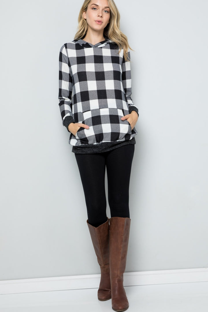 Celeste Full Size Contrast Plaid Long Sleeve Hoodie-Sweaters/Sweatshirts-Inspired by Justeen-Women's Clothing Boutique