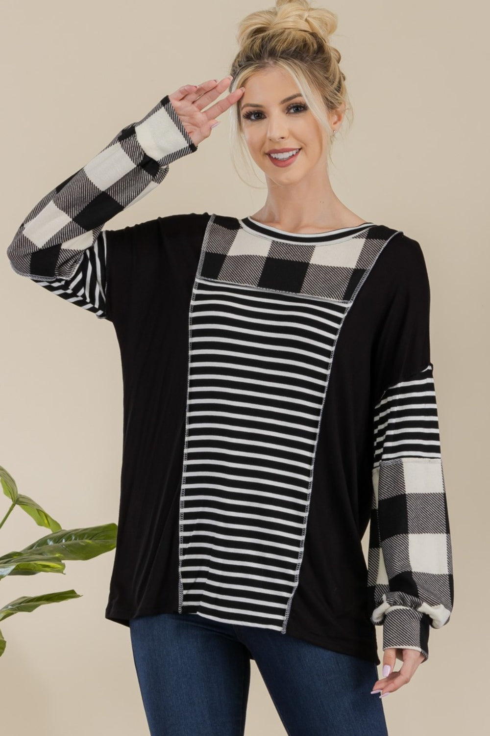 Celeste Full Size Color Block Exposed Seam T-Shirt-110 Long Sleeve Tops-Inspired by Justeen-Women's Clothing Boutique