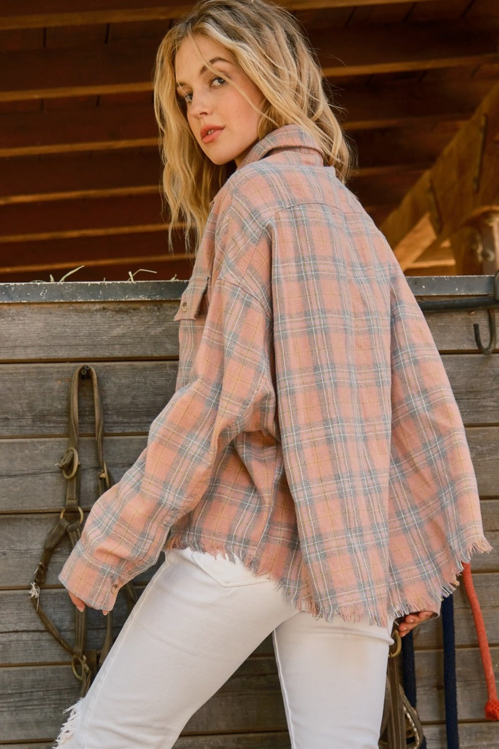 And The Why Full Size Plaid Button Up Raw Hem Shirt-Outerwear-Inspired by Justeen-Women's Clothing Boutique