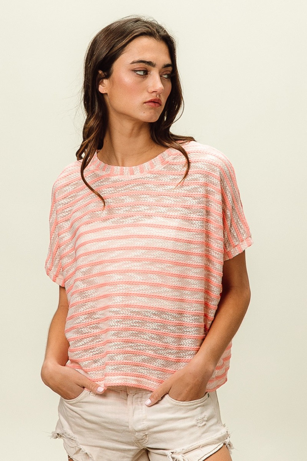 BiBi Braid Striped Short Sleeve Round Neck T-Shirt-100 Short Sleeve Tops-Inspired by Justeen-Women's Clothing Boutique in Chicago, Illinois