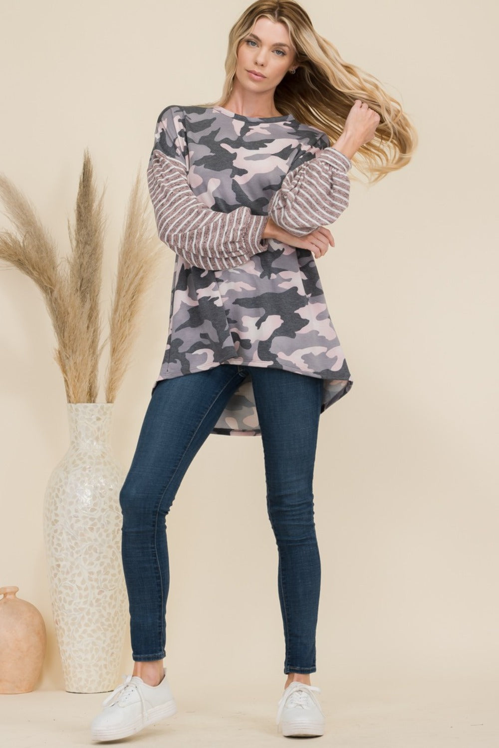 Celeste Full Size Camo Print High-Low T-Shirt with Stripe Sleeves-110 Long Sleeve Tops-Inspired by Justeen-Women's Clothing Boutique