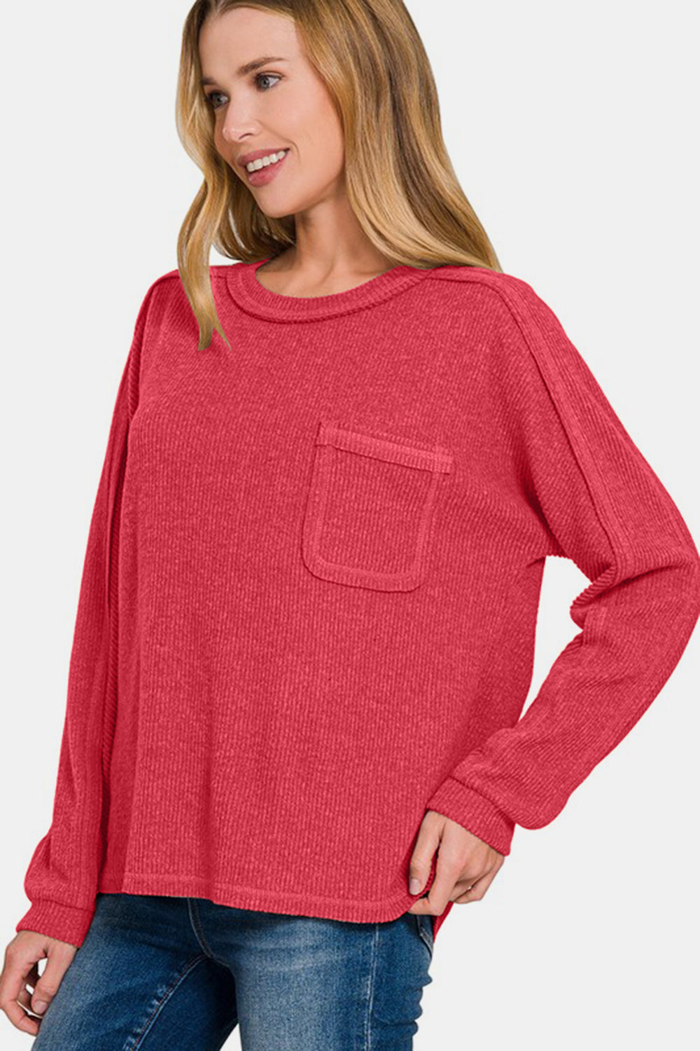 Zenana Full Size Contrast Stitching Brushed Ribbed Hacci Knit Top-110 Long Sleeve Tops-Inspired by Justeen-Women's Clothing Boutique