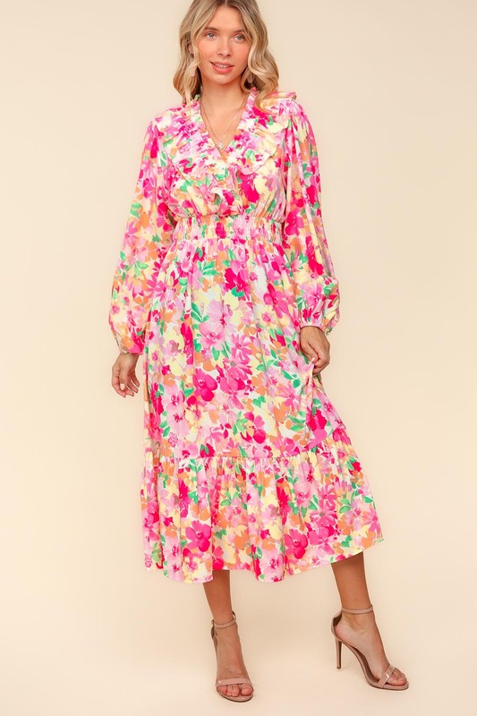 Haptics Full Size Floral Surplice Balloon Sleeve Dress with Side Pockets-Dresses-Inspired by Justeen-Women's Clothing Boutique