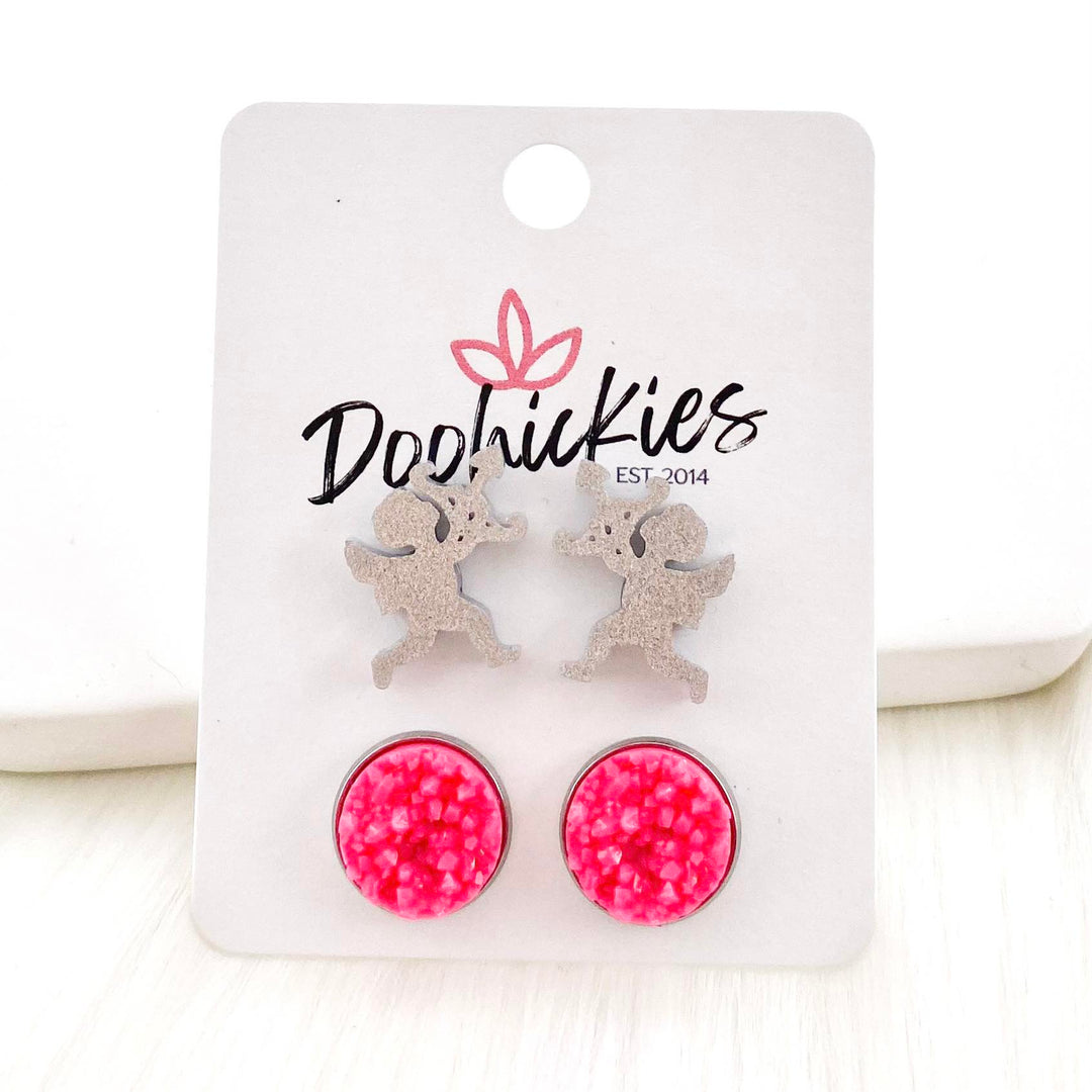 12mm Silver Valentine Cupid & Hot Pink in Stainless Steel Settings-Earrings-Inspired by Justeen-Women's Clothing Boutique